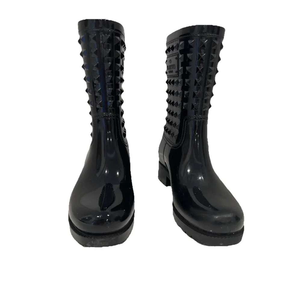 Valentino Rockstud Rubber Rain Boots Black EU 37 | Sz 6.5-7 Mid Calf Waterproof